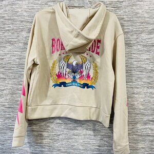 Angel Cult Beige Hoodie Large  Pink Lightning Bolt & Born To Ride Graphic NWOT